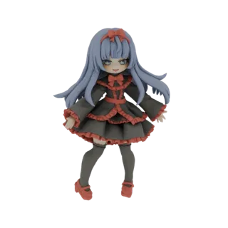 Modelo 3D de una muñeca Gótica Lolita con pelo azul largo, vistiendo un vestido negro con ribete rojo y zapatos rojos.