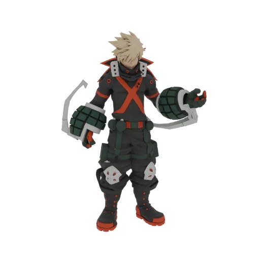 مجسم ثلاثي الأبعاد لكاتسوكي باكوغو من My Hero Academia بوضعية ديناميكية، يرتدي زيه البطولي مع قفازات قنابل.