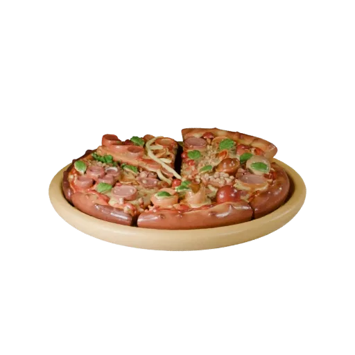 Pizza 3D model, three-quarter front view, Unity viewport, showing sauces, plated composition.