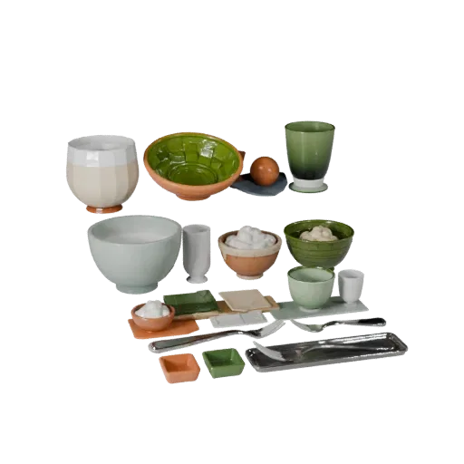 Banquet Salad Bowl Set High Poly 3D model, close-up studio render, showing ceramic, arranged serving layout.