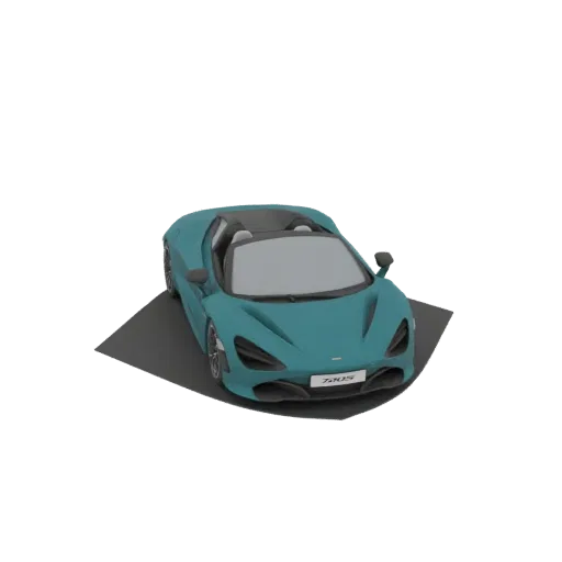 A teal McLaren 720S Spider convertible supercar 3D model displayed on a dark grey platform against a white background.