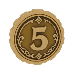 3D render of a golden coin with the number 5 prominently displayed and surrounded by ornate decorative patterns.