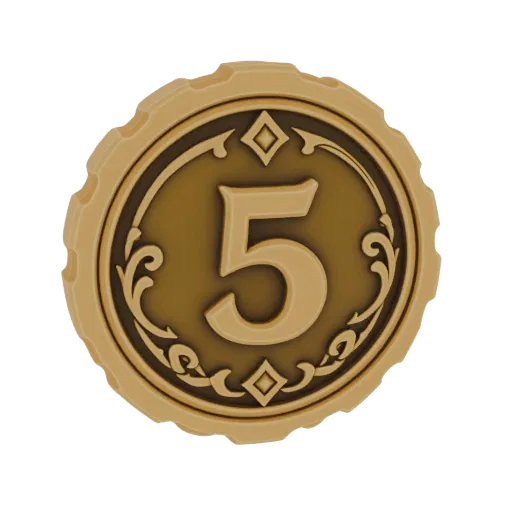 3D render of a golden coin with the number 5 prominently displayed and surrounded by ornate decorative patterns.