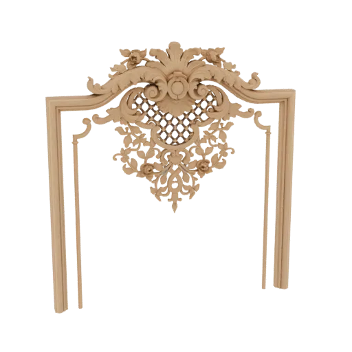 3D model of an ornate wooden frame with intricate floral carvings and a central lattice design, rendered on a white backgroun