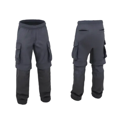 Vistas frontal y trasera de un modelo 3D gris oscuro de pantalones cargo con diseño en capas y múltiples bolsillos.