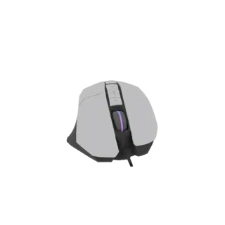 Modelo 3D de ratón gaming ergonómico blanco con rueda iluminada morada, sobre fondo negro.