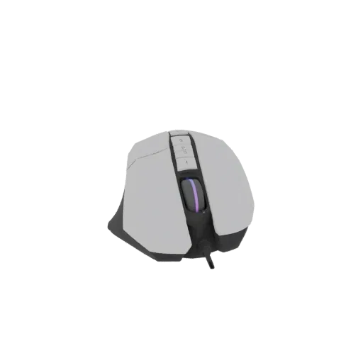 3D model of a white ergonomic gaming mouse with a purple illuminated scroll wheel, set against a black background.