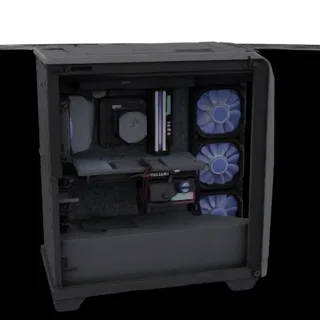 Modello 3D PC da gaming con illuminazione blu, componenti visibili: scheda madre, scheda video, ventole