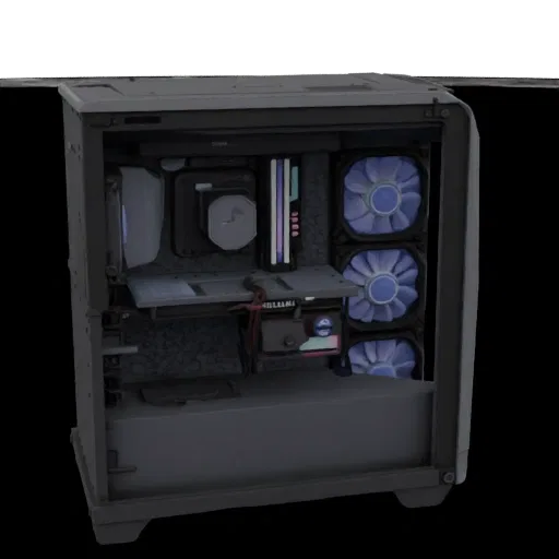3D model of gaming PC with blue lighting, showing components: motherboard, graphics card, fans
