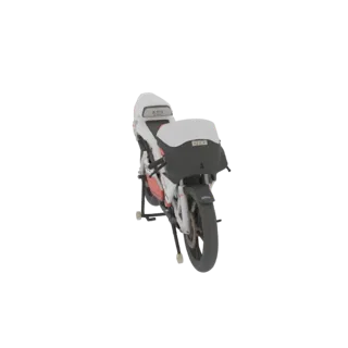 A 3D model of a white and red sportbike motorcycle with a black front fairing, displayed on a stand.