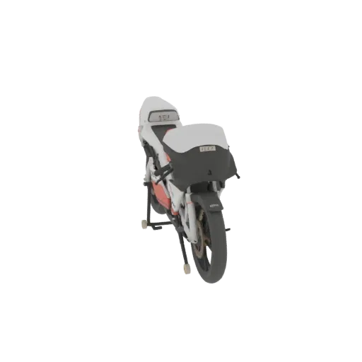 A 3D model of a white and red sportbike motorcycle with a black front fairing, displayed on a stand.