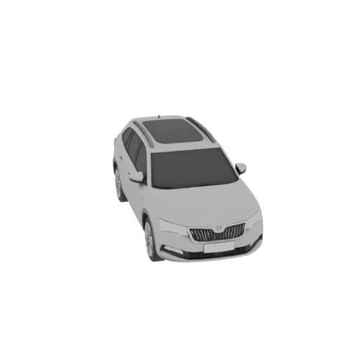 Uma renderização 3D de um Skoda Scala branco, vista de um ângulo frontal direito ligeiramente elevado, contra um fundo branco