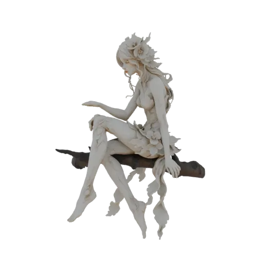 3D model of a delicate fairy adorned with flowers, sitting gracefully on a tree branch, rendered in a soft, matte finish.