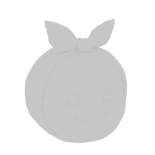 A 3D render of a simple, light gray cartoon face with a white bow on top, featuring subtle indentations for eyes and a smile.