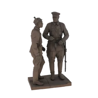 3D model of two soldiers in historical military uniforms standing on a base and talking to each other.