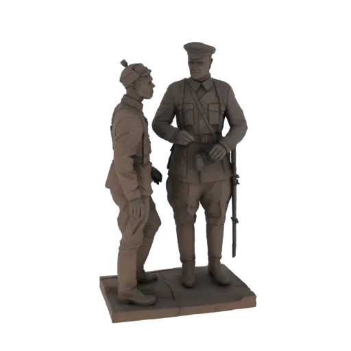 Modelo 3D de dos soldados con uniformes militares históricos de pie sobre una base y hablando entre sí.