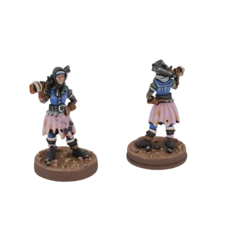 3D model of a post-apocalyptic scavenger with a rifle, wearing ragged clothes and a pink skirt, standing on a textured base.