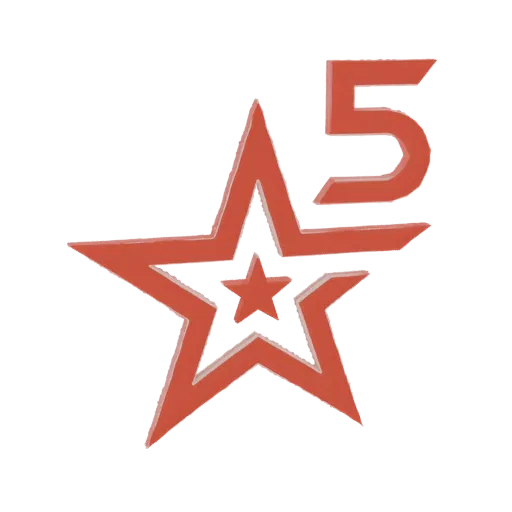 3D render of a red star emblem with the number 5 integrated into its design, set against a white background.