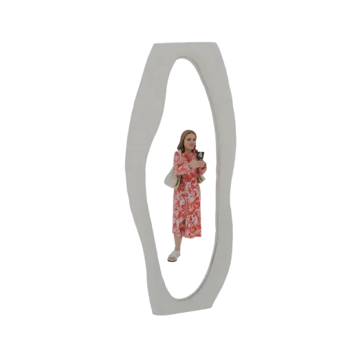 3D model of a woman in a red dress taking a selfie in a wavy, ornate mirror.