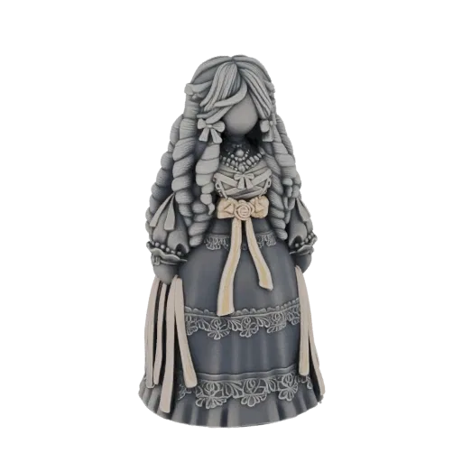 Modelo 3D de uma boneca vitoriana com cabelo grisalho estilizado em cachos, vestindo um vestido azul com acabamento em renda