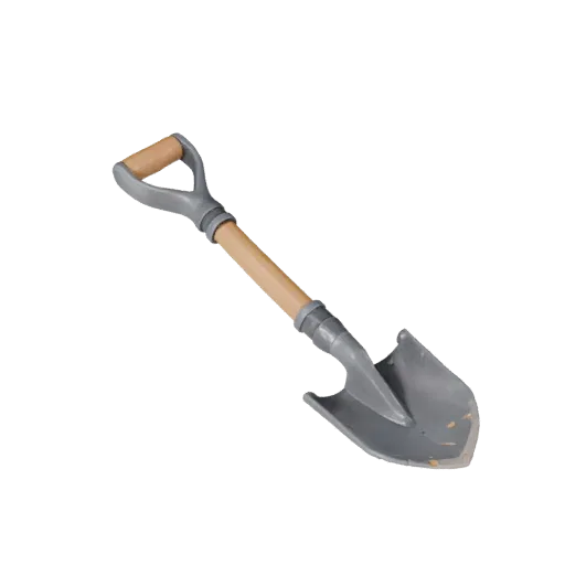 Worn Shovel Stylized 3D model, stylized isometric render, showing painted metal, functional silhouettes.