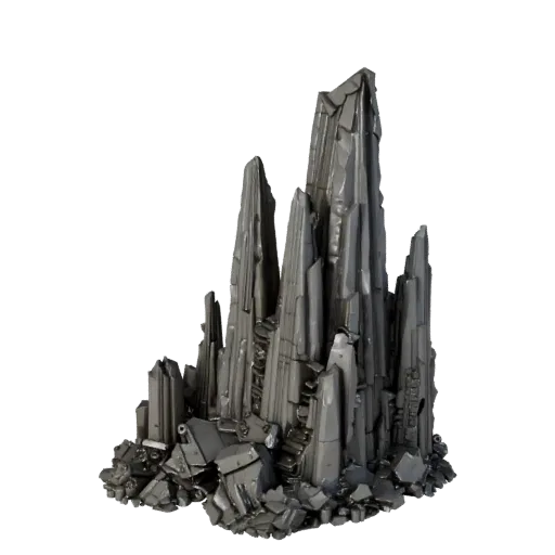 Modelo 3D modular de Aguja Mineral Alienígena, vista isométrica del kit modular, mostrando piedra estratificada, caras rocosa