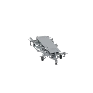 3D model of a grey industrial medical stretcher trailer with a metal frame and wheels, viewed from a slightly elevated angle.