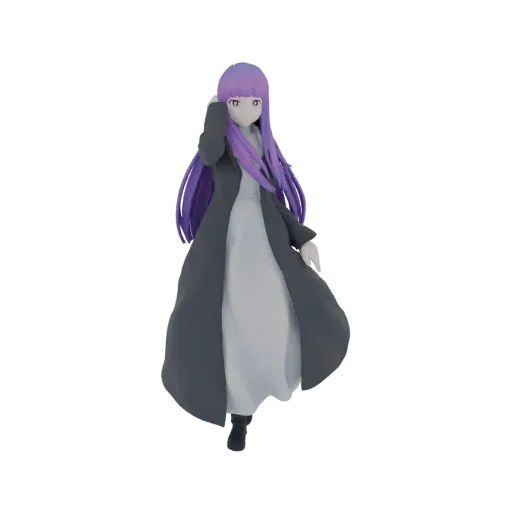 3D model of an anime girl with purple hair in a dark coat, standing in a thoughtful pose.