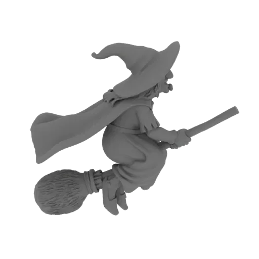 3D model of a stylized witch with a pointed hat and cloak, flying on a broomstick, shown in gray.