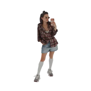 Modelo 3D de uma jovem de camisa xadrez e shorts jeans, segurando um telefone para tirar uma selfie, usando óculos de sol e t