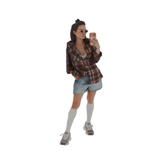 3D model of a young woman in a plaid shirt and denim shorts, holding a phone to take a selfie, wearing sunglasses and sneaker