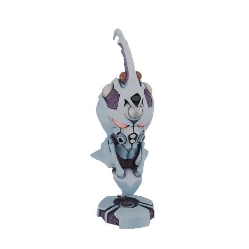 3D render of a light blue alien bio-mechanical bust with red eyes and a purple tentacle on a dark background.