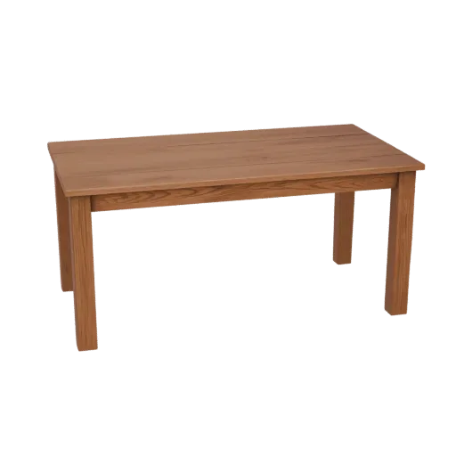 A 3D render of a modern wooden dining table with a natural wood finish and four sturdy legs, presented on a white background.