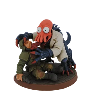 Modèle 3D du Dr Zoidberg de Futurama attaquant un soldat, représenté dans une scène de diorama chaotique.