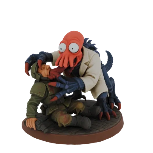 3D model of Dr. Zoidberg from Futurama attacking a soldier, depicted in a chaotic diorama scene.