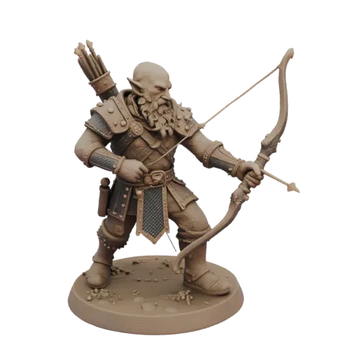 Figurine STL Nain Ranger Médiéval en Charge, rendu trois-quarts sur table, figurine d'escarmouche imprimable en résine avec c