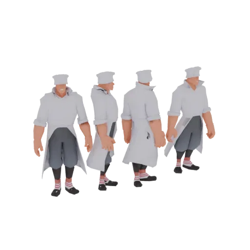 A 3D model of a chef character wearing a white chef's hat and uniform, shown from multiple angles.