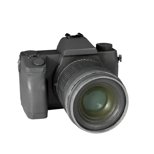 Cinema Camera Low Poly 3D model, game viewport three-quarter view, showing textured grips, lens barrels.