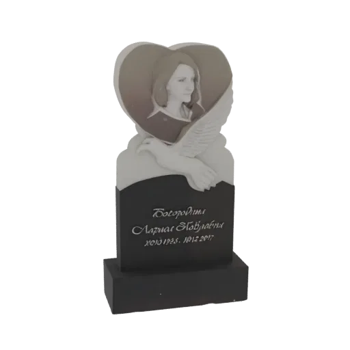 3D model of a heart-shaped gravestone with a woman's portrait and a dove, set against a white background.
