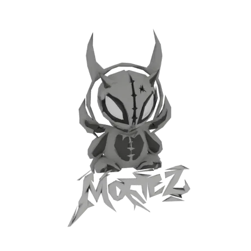 3D model of a grey, stylized creature named Moritz with horns and glowing eyes, and the name 'MORTEZ' below.