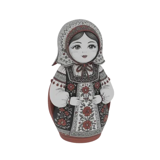 3D model of a traditional Matryoshka nesting doll with red floral patterns and a headscarf.