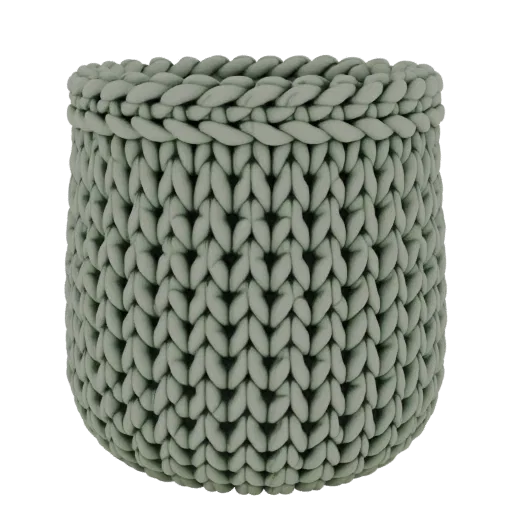 3D model of a chunky knit basket with a thick, woven texture in a sage green color.