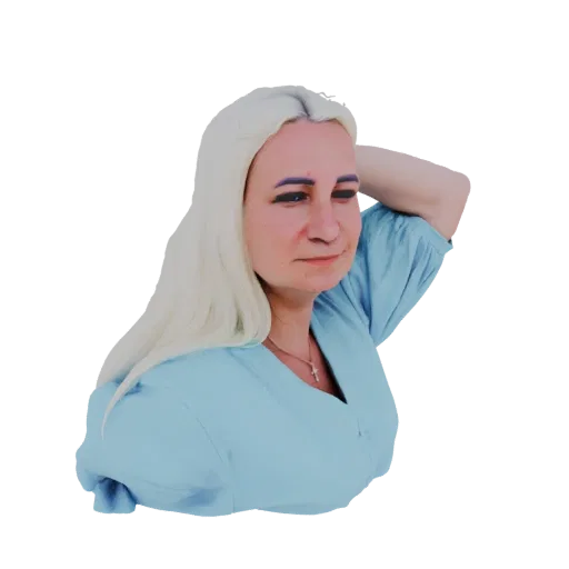 3D model of a blonde woman wearing a light blue dress, with her right hand resting on her head, looking slightly to the side.