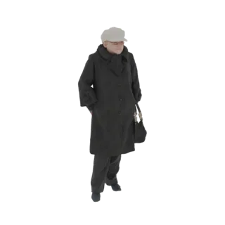 Modelo 3D de mulher idosa com casaco de inverno escuro, cachecol e gorro, segurando uma bolsa.