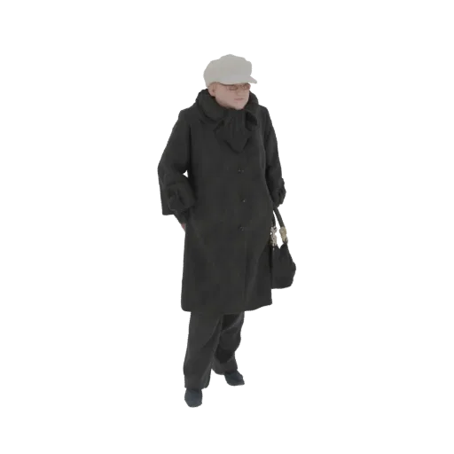 3D model of an elderly woman wearing a dark winter coat, scarf, and cap, holding a handbag.