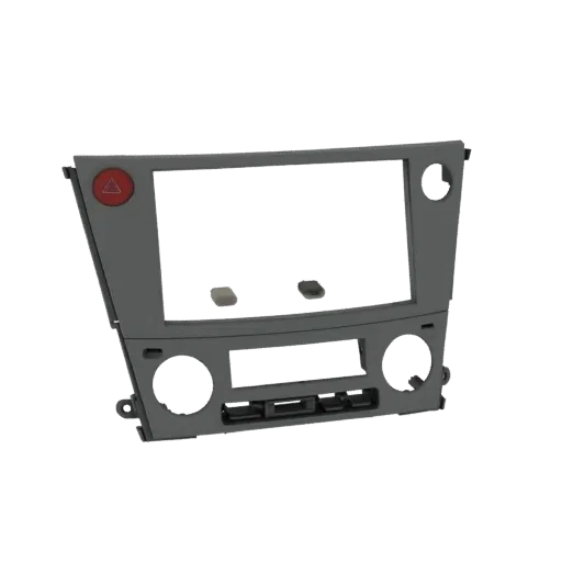 3D model of a car's gray center console trim, showing a large screen opening, hazard button, and control slots.