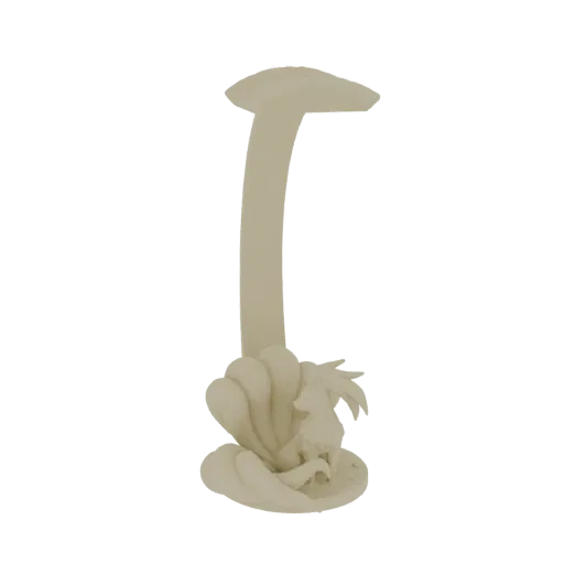 3D model of a headphone stand with a mushroom top and a nine-tailed fox at the base, rendered in a neutral beige color.