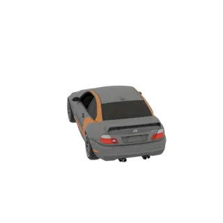 Vue 3/4 arrière d'un modèle 3D de sedan sportif gris foncé avec des bandes et accents orange.