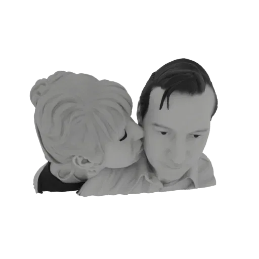 3D model of a child kissing an adult on the cheek, rendered in a smooth, matte finish.