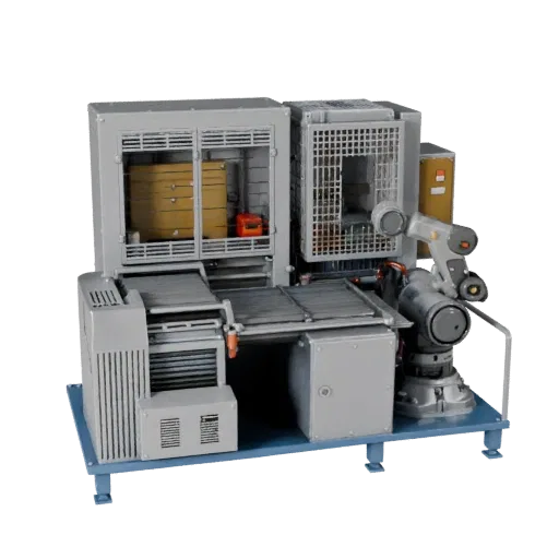 Packaging Robot Cell High Poly 3D model, close-up studio render, showing painted steel, machine stations.
